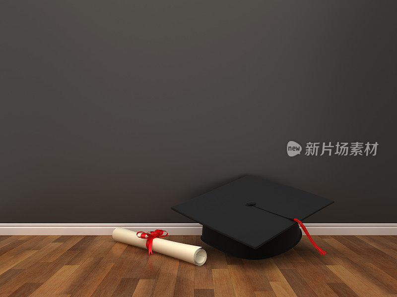 毕业帽和文凭在一个房间- 3D渲染